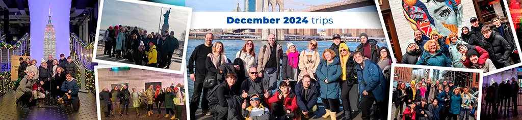 Travel to New York in December 2023 with flight, hotel, and guide